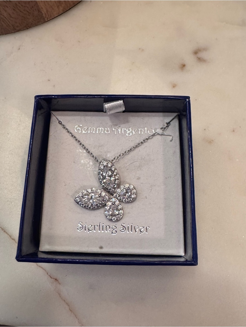 Gemma Argento Sterling Silver Pavé Butterfly Pendant Necklace in Navy Box